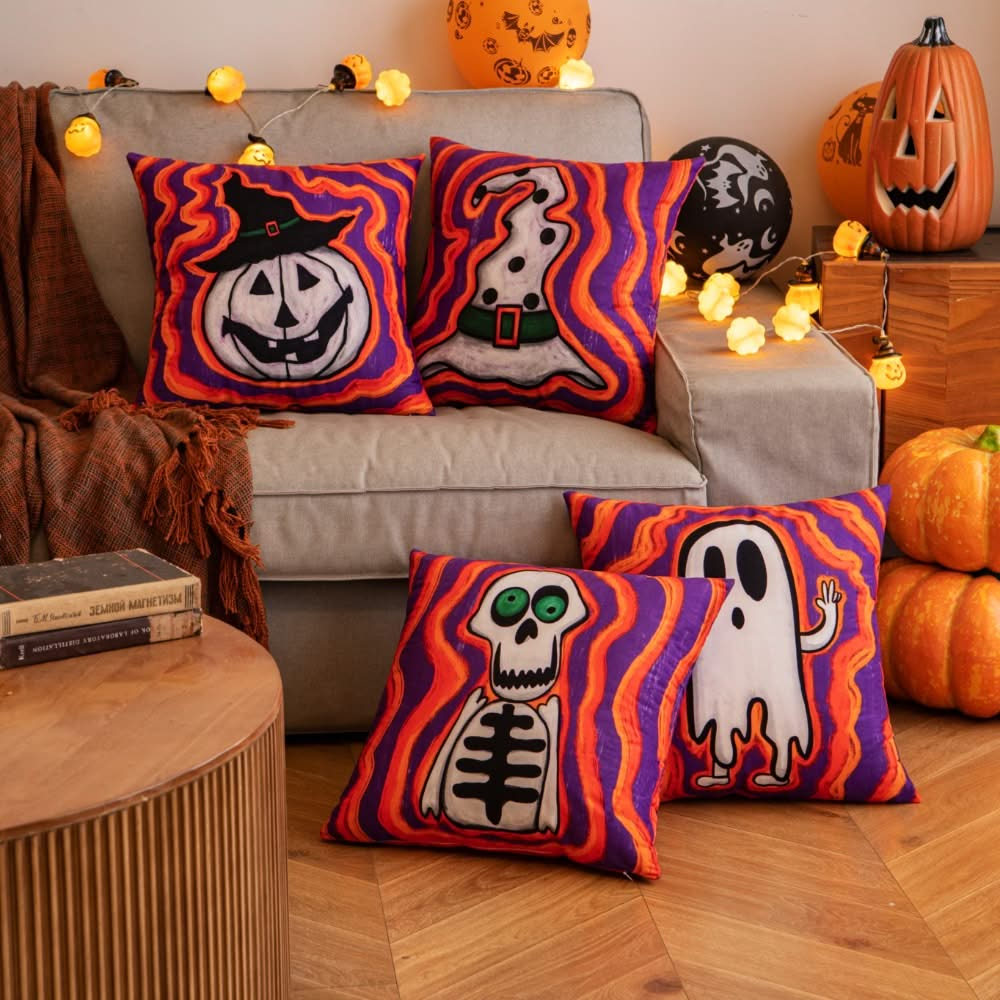 MIULEE - Fundas de almohada decorativas para Halloween, fundas de almohada decorativas de otoño, fundas de almohada de color naranja y morado, fundas de almohada de estilo rústico, linternas de calabaza, esqueleto fantasma para sofá, paquete de 4 