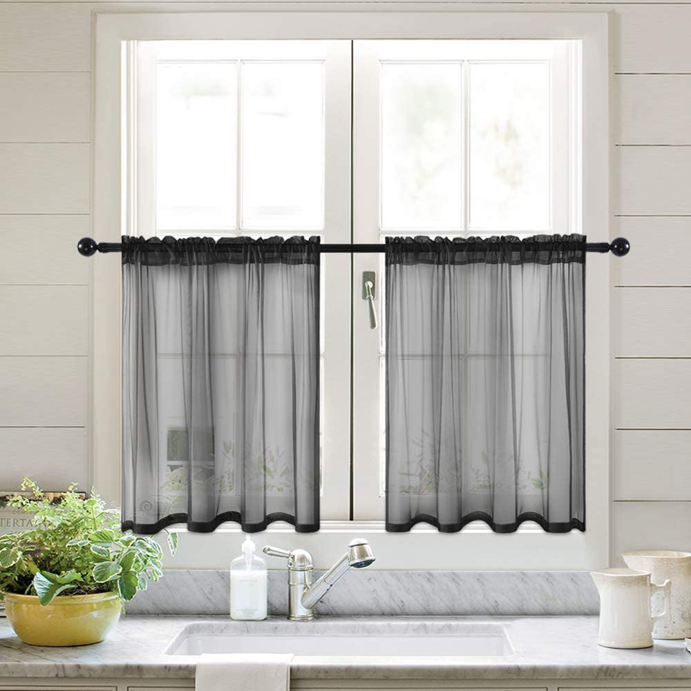 MIULEE Sheer Tiers Short Kitchen Curtains, Linen Textured Semi Sheer Voile Drapes for Small Half Window 2 Panels