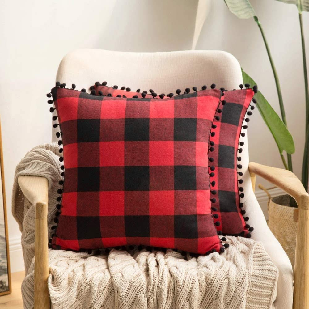 Miulee Halloween Retro Farmhouse Buffalo Plaid Check Pillow Cases with Pom Poms 2 Pack