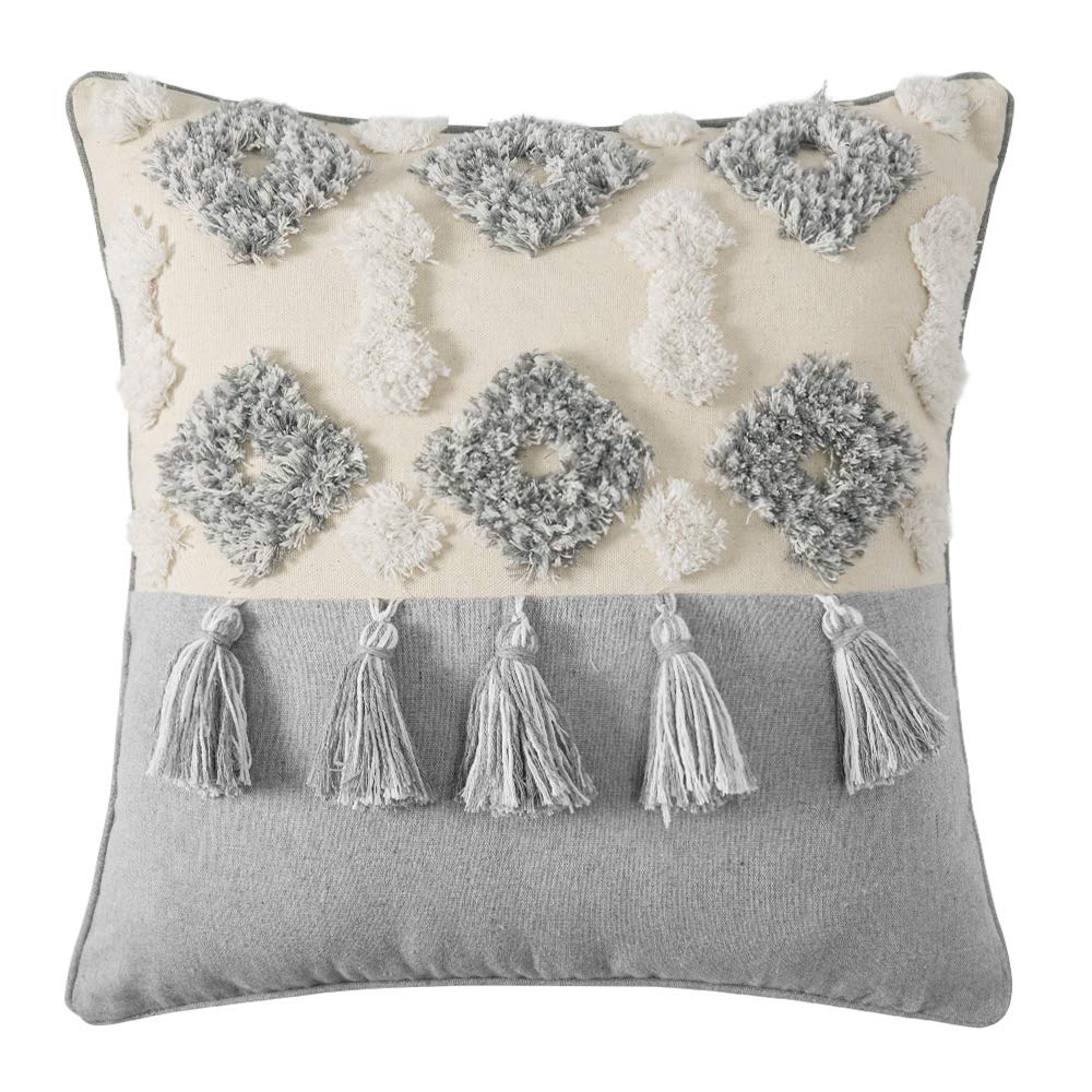 Boho Throw Pillow 18X18, Woven Tufted Decorative Pillow with