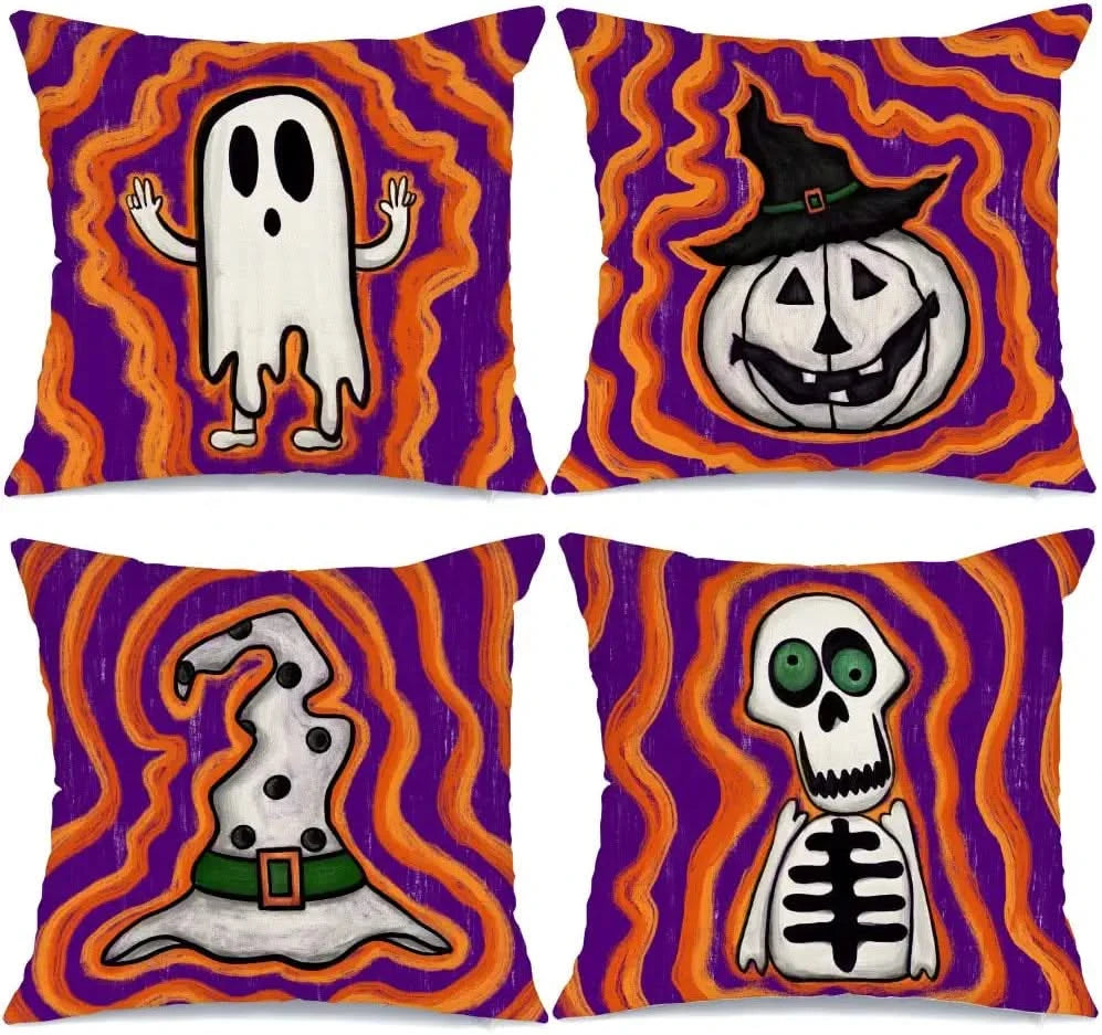 MIULEE - Fundas de almohada decorativas para Halloween, fundas de almohada decorativas de otoño, fundas de almohada de color naranja y morado, fundas de almohada de estilo rústico, linternas de calabaza, esqueleto fantasma para sofá, paquete de 4 