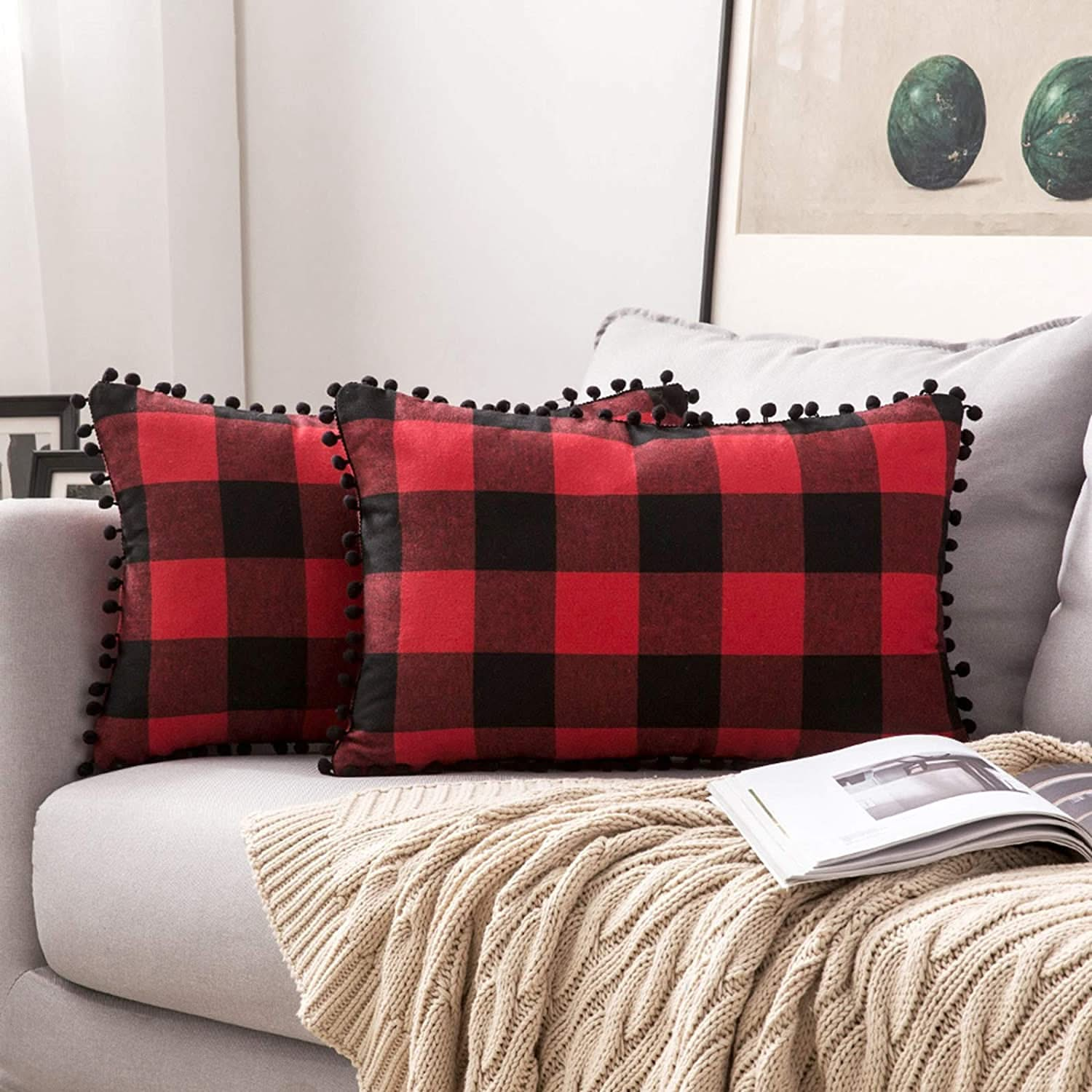 Miulee Halloween Retro Farmhouse Buffalo Plaid Check Pillow Cases with Pom Poms 2 Pack