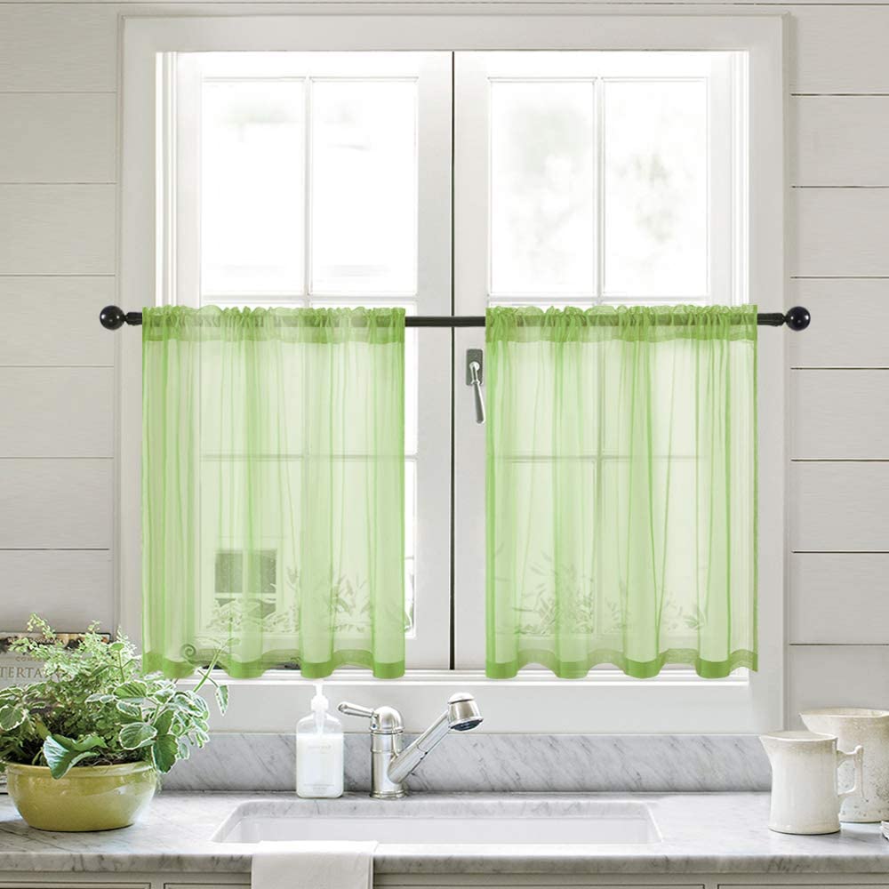 MIULEE Sheer Tiers Short Kitchen Curtains, Linen Textured Semi Sheer Voile Drapes for Small Half Window 2 Panels