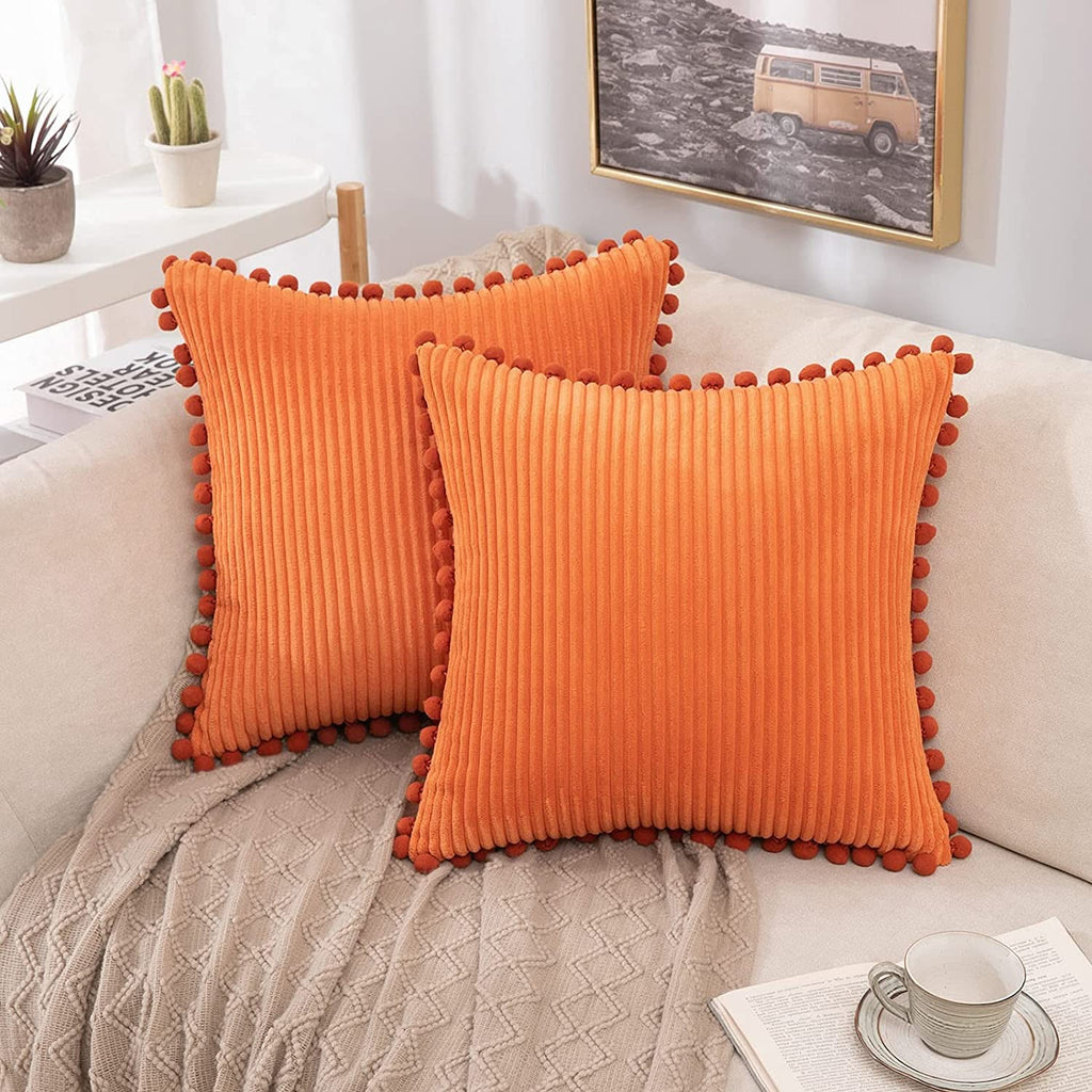 MIULEE Giveaway Corduroy Decorative Square Throw Pillow Covers with Pom-poms Stripe Solid Cushion Cases 2 Pack