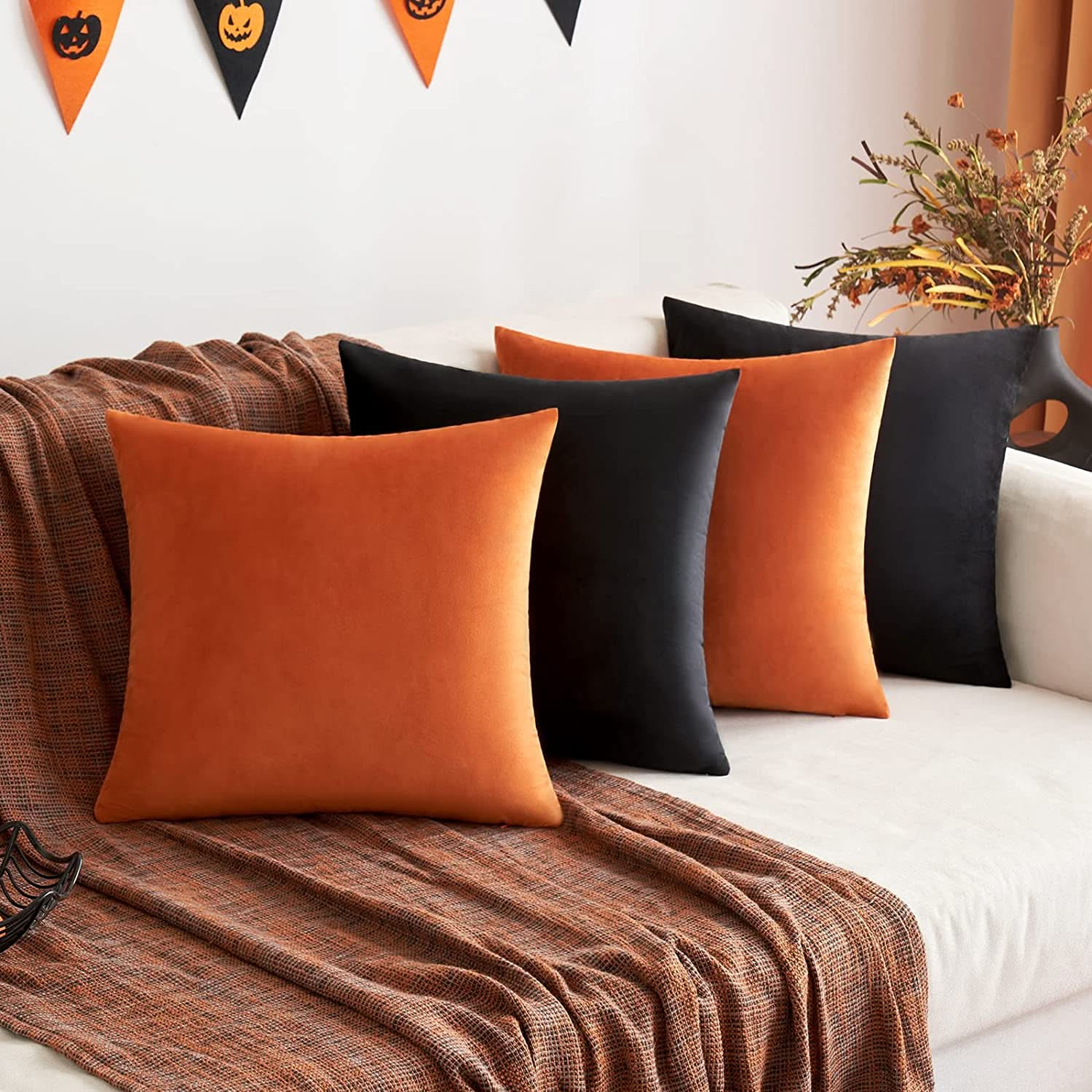 MIULEE Halloween Velvet Throw Pillow Covers Fall Soft Solid Decorative 4 Pack