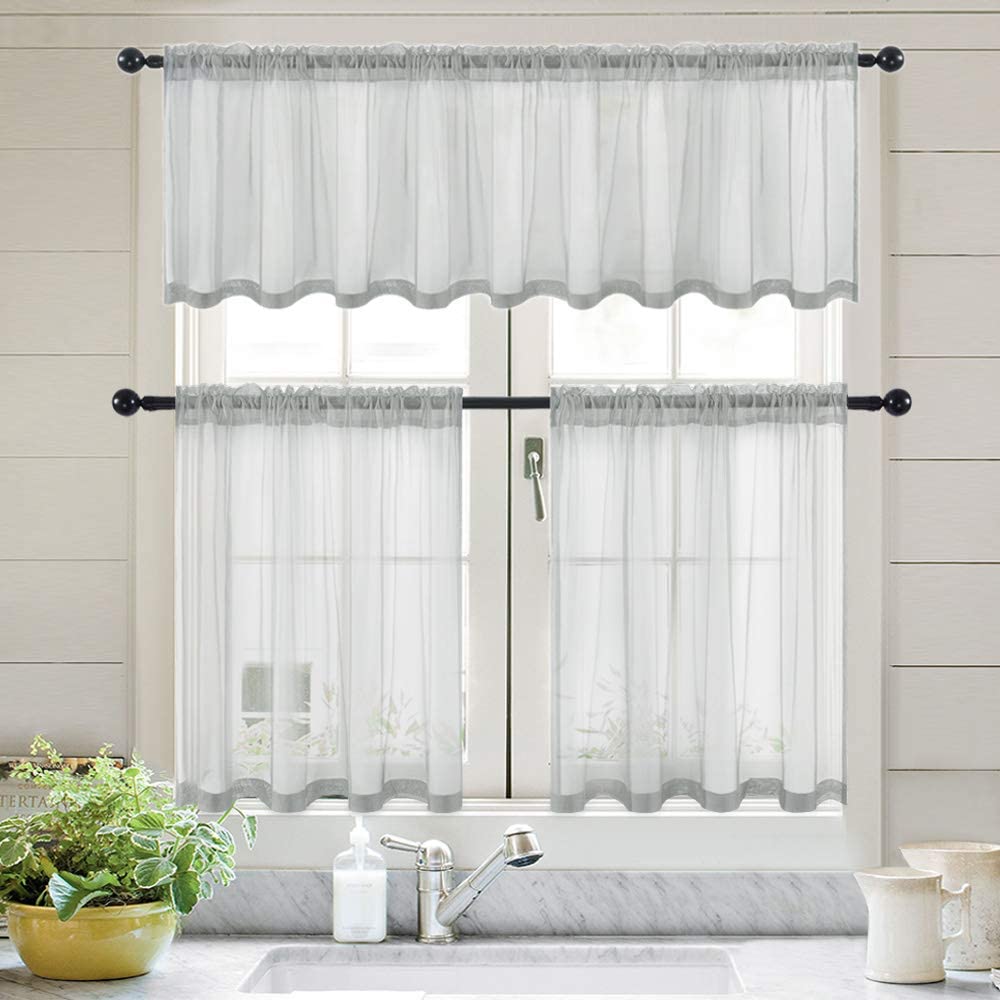 MIULEE Sheer Tiers Short Kitchen Curtains, Linen Textured Semi Sheer Voile Drapes for Small Half Window 2 Panels