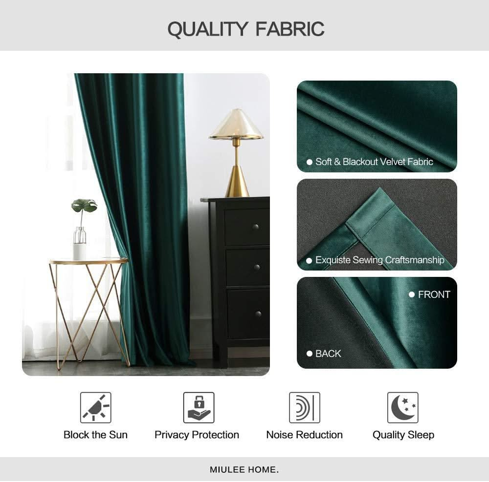 MIULEE Dark Green Blackout Velvet Curtains Solid Soft Grommet Thermal Room Darkening Curtains Drapes 2 Panels.