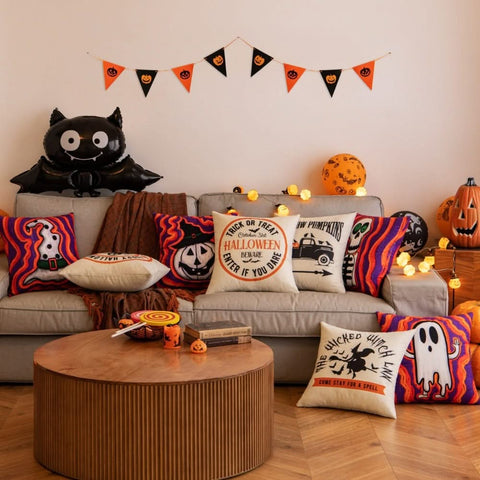 MIULEE Halloween Decor Pillow Covers Fall Decorative Pillows Orange Purple Throw Pillow Cases Farmhouse Pillowcases Pumpkin Lanterns Ghost Skeleton for Sofa 4 Pack