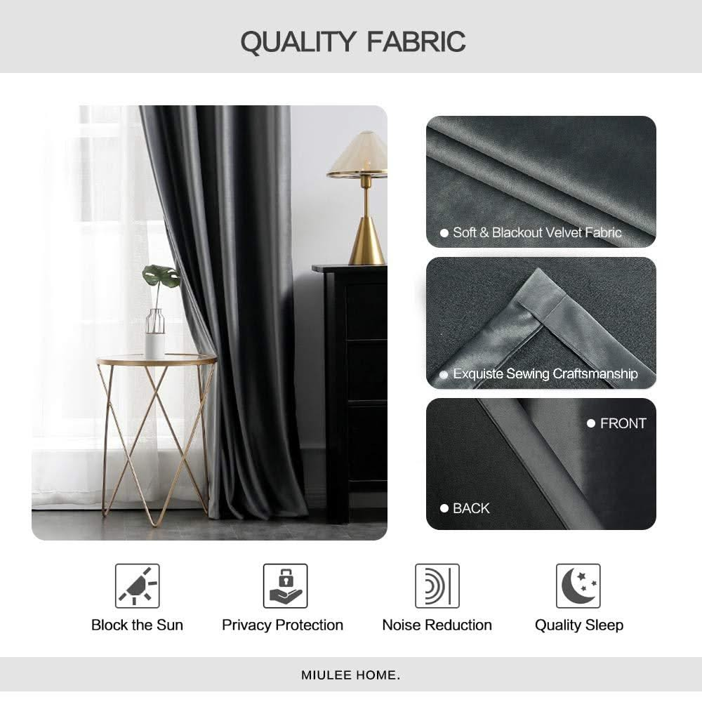 MIULEE Grey Blackout Velvet Curtains Solid Soft Grommet Thermal Room Darkening Curtains Drapes 2 Panels.