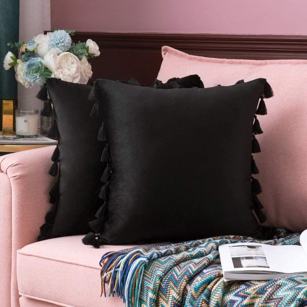 miulee MIULEE 18x18 Inch Black Velvet Pillow Covers Set and 18x18 Inch Pillow  Insert Set Bundle - Comfortable to Lean Against and