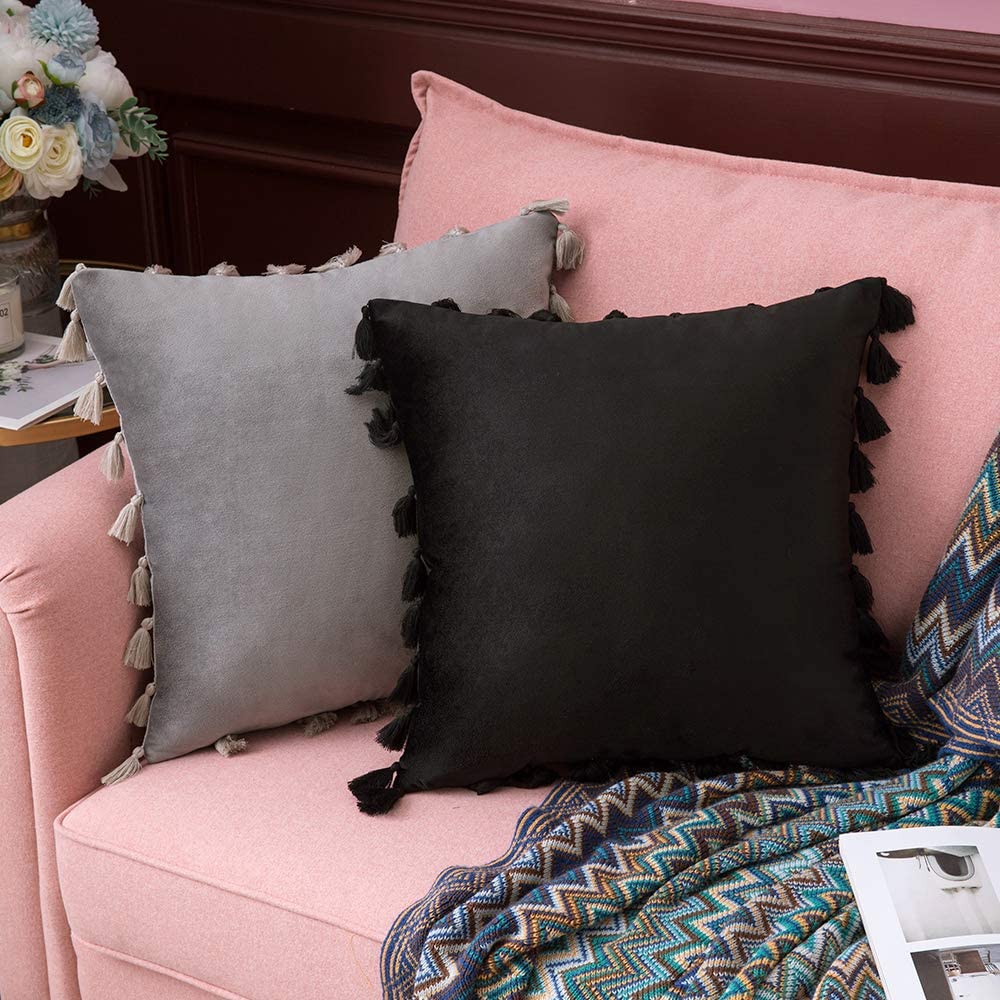 MIULEE Black Throw Pillow Cover with Tassels Fringe Velvet Soft