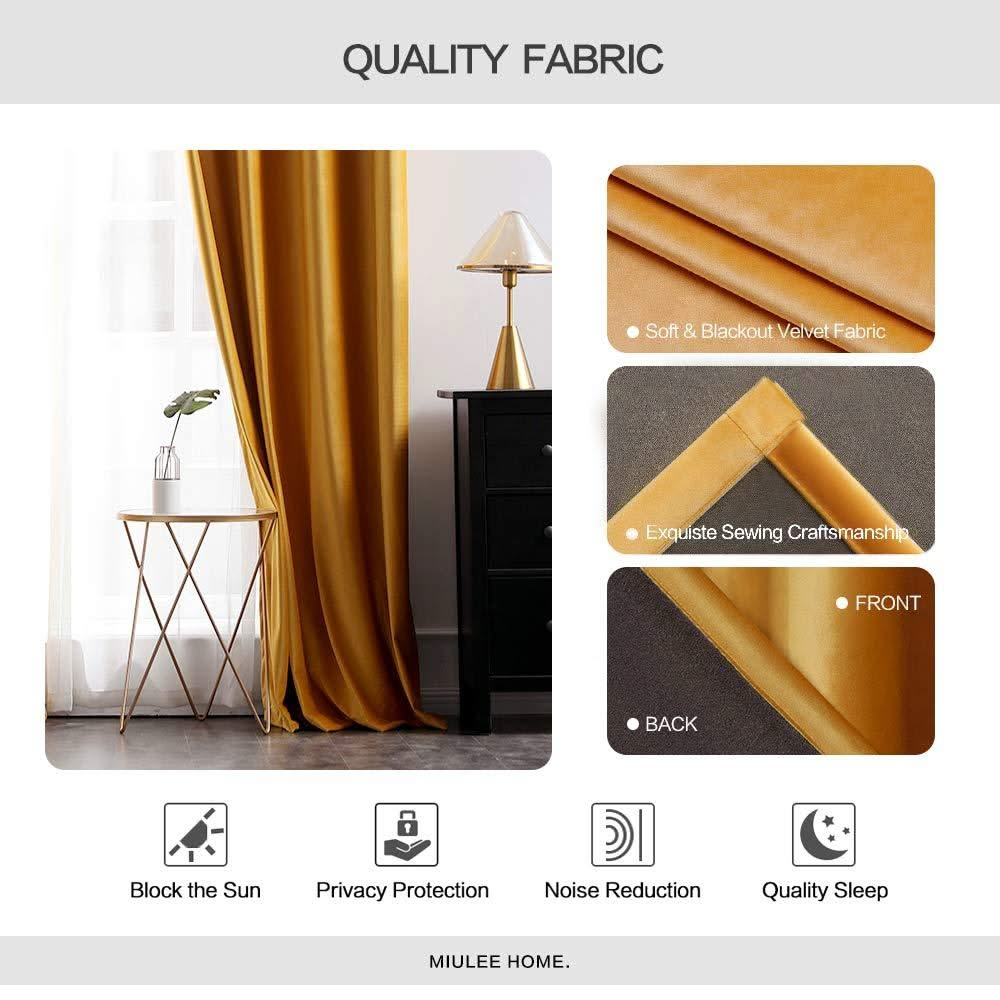 MIULEE Yellow Blackout Velvet Curtains Solid Soft Grommet Thermal Room Darkening Curtains Drapes 2 Panels.