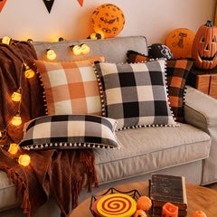 Miulee Halloween Retro Farmhouse Buffalo Plaid Check Pillow Cases with Pom Poms 2 Pack