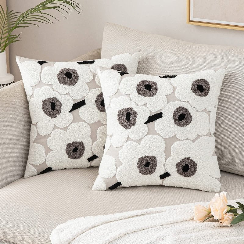 MIULEE Decorative Throw Pillow Covers with Embroidered Flower Square Boho Woven Soft Solid Pillowcases 2 Pack - Miulee