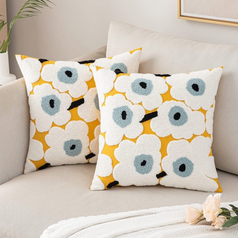 MIULEE Decorative Throw Pillow Covers with Embroidered Flower Square Boho Woven Soft Solid Pillowcases 2 Pack - Miulee