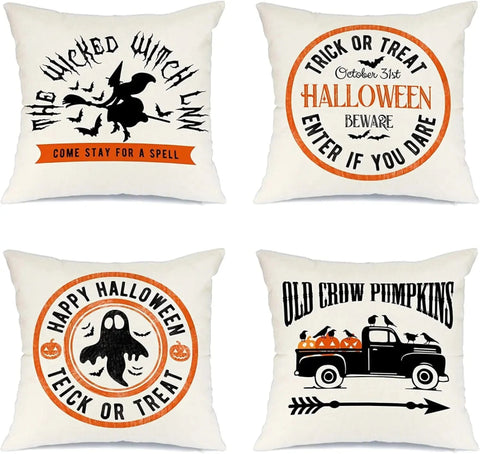 MIULEE Halloween Decor Pillow Covers Fall Decorative Throw Pillow Cases Farmhouse Linen Pillowcases Black Trick or Treat Pumpkin Bat Truck for Sofa 4 Pack - Miulee